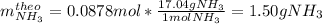 m_{NH_3}^{theo}=0.0878mol*\frac{17.04gNH_3}{1molNH_3} =1.50gNH_3