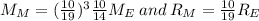 M_{M}=(\frac{10}{19})^{3} \frac{10}{14}M_{E} \: and \: R_{M}=\frac{10}{19}R_{E}