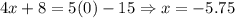 4x+8=5(0)-15\Rightarrow x=-5.75