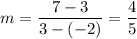 \displaystyle m=\frac{7-3}{3-(-2)}=\frac{4}{5}
