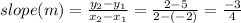 slope (m) = \frac{y_2 - y_1}{x_2 - x_1} = \frac{2 - 5}{2 - (-2)} = \frac{-3}{4}