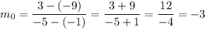 m_0=\dfrac{3-(-9)}{-5-(-1)}=\dfrac{3+9}{-5+1}=\dfrac{12}{-4}=-3