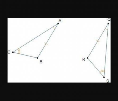 Triangles A B C and Q R S are shown. Sides A B and Q R are congruent. Angles C A B and R Q S are con
