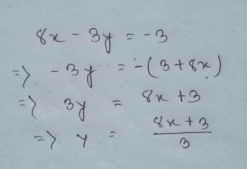 8x - 3y = -3, solve for y (work needed)