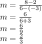 m =  \frac{8 - 2}{6 - ( - 3)}  \\ m =  \frac{6}{6 + 3}  \\ m =  \frac{6}{9}  \\ m =  \frac{2}{3}