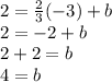 2 =  \frac{2}{3} ( - 3) + b \\ 2 =  - 2 + b \\ 2 + 2 = b  \\ 4 = b