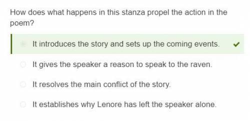 How does what happens in this stanza propel the action in the poem? O It establishes why Lenore has