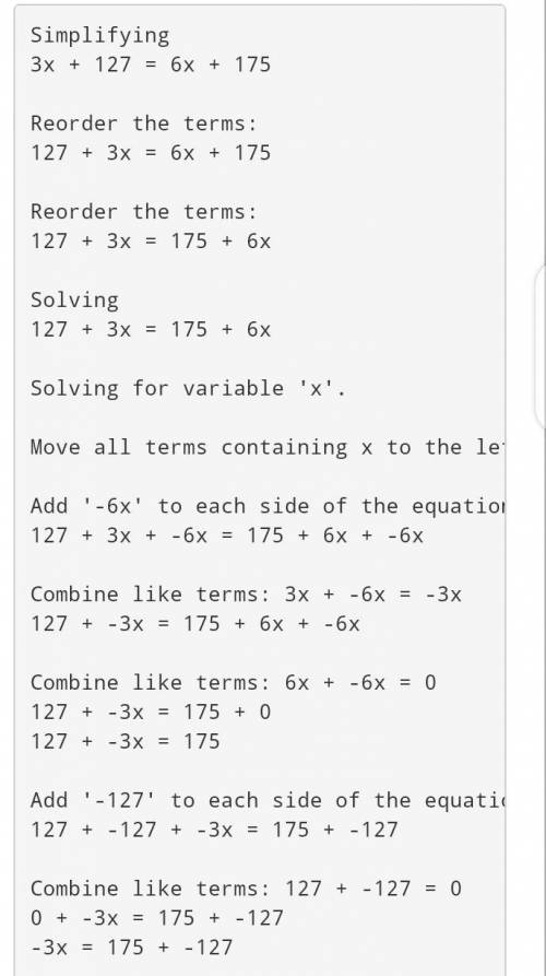 Equation practice with vertical angels Solve for x 3x + 127 6x + 175