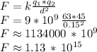 F=k\frac{q_1*q_2}{d^2} \\F=9*10^9\,\frac{63*45}{0.15^2} \\F\approx 1134000\,*\,10^9\\F\approx 1.13\,*\,10^{15}