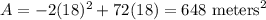 A=-2(18)^2+72(18)=648\text{ meters}^2