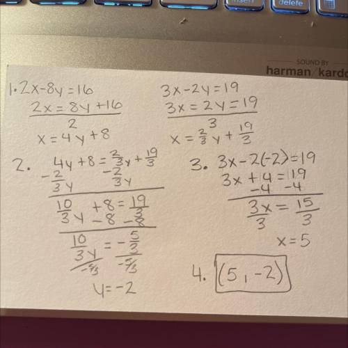 2x - 8y = 16 and 3x - 2y = 19 How would I solve by substitution?