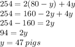 254 = 2(80 - y) + 4y \\ 254 = 160 - 2y + 4y \\ 254 - 160 = 2y \\ 94 = 2y \\ y = 47 \: pigs