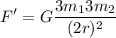 \displaystyle F'=G{\frac {3m_{1}3m_{2}}{(2r)^{2}}}