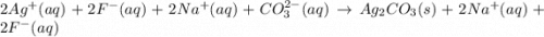 2Ag^{+}(aq)+2F^-(aq)+2Na^+(aq)+CO_3^{2-}(aq)\rightarrow Ag_2CO_3(s)+2Na^+(aq)+2F^-(aq)