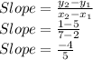 Slope=\frac{y_2-y_1}{x_2-x_1}\\Slope=\frac{1-5}{7-2}\\Slope=\frac{-4}{5}\\