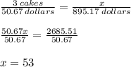 \frac{3 \: cakes}{50.67 \: dollars}  =  \frac{x}{895.17 \: dollars}  \\  \\  \frac{50.67x}{50.67}  =  \frac{2685.51}{50.67}  \\  \\ x = 53