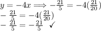 y =  - 4x \Longrightarrow  -  \frac{21}{5}  =  - 4( \frac{21}{20} ) \\  -  \frac{21}{5}  =   \cancel{ - 4}( \frac{21}{ \cancel{20}} ) \\  -  \frac{21}{5}  =  -  \frac{21}{5}  \:  \:   \: \checkmark