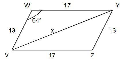A parallelogram has side lengths of 13 and 17 and an angle that measures 64°. Parallelogram W Y Z V