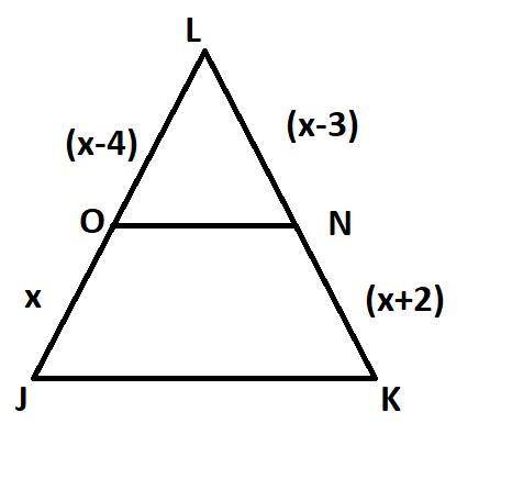 Triangle K L J is cut by line segment N O. Line segment N O goes from side L K to side L J. The leng