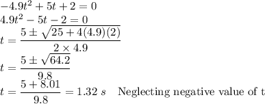 -4.9t^2+5t+2=0\\4.9t^2-5t-2=0\\t=\dfrac{5\pm\sqrt{25+4(4.9)(2)}}{2\times 4.9}\\t=\dfrac{5\pm\sqrt{64.2}}{9.8}\\t=\dfrac{5+8.01}{9.8}=1.32\ s\quad\text{Neglecting negative value of t}