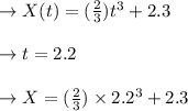 \to X(t)=( \frac{2}{3})t^3 + 2.3\\\\ \to t=2.2\\\\\to X=( \frac{2}{3})\times 2.2^3 +2.3 \\\\