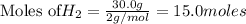 \text{Moles of} H_2=\frac{30.0g}{2g/mol}=15.0moles