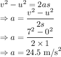 v^2-u^2=2as\\\Rightarrow a=\dfrac{v^2-u^2}{2s}\\\Rightarrow a=\dfrac{7^2-0^2}{2\times 1}\\\Rightarrow a=24.5\ \text{m/s}^2