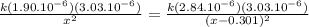 \frac{k(1.90.10^{-6})(3.03.10^{-6})}{x^{2}}=\frac{k(2.84.10^{-6})(3.03.10^{-6})}{(x-0.301)^{2}}