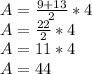  A=\frac{9+13}{2} *4\\ A=\frac{22}{2} *4 \\A=11*4\\ A=44  