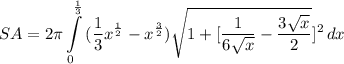 \displaystyle SA = 2\pi \int\limits^{\frac{1}{3}}_0 {(\frac{1}{3}x^{\frac{1}{2}} - x^{\frac{3}{2}}) \sqrt{1+ [\frac{1}{6\sqrt{x}} - \frac{3\sqrt{x}}{2}}]^2}} \, dx