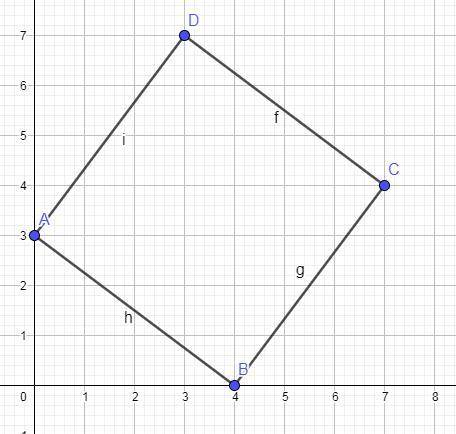Three of the vertices of square ABCD are located at A(0,3), B(4,0), and C(7,4).

Determine the area