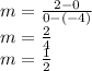 m  =  \frac{2 - 0}{0 - ( - 4)}  \\ m =  \frac{2}{ 4}  \\ m =  \frac{1}{2}