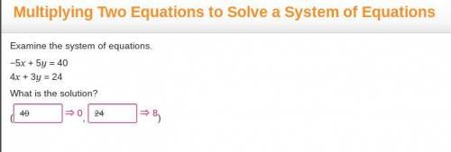 Examine the system of equations.
-5x + 5y = 40
4x 3y=24
What is the solution