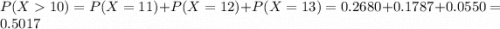 P(X  10) = P(X = 11) + P(X = 12) + P(X = 13) = 0.2680 + 0.1787 + 0.0550 = 0.5017