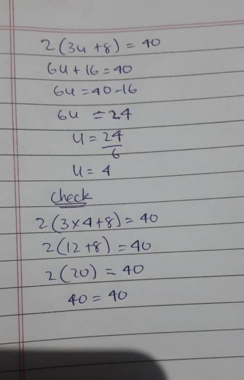Can you simplify this as much as possible 2(3u+8)=40