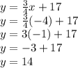 y = \frac{3}{4} x + 17\\y= \frac{3}{4} (-4) + 17\\y=3(-1)+17\\y=-3+17\\y=14