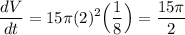 \displaystyle \frac{dV}{dt}=15\pi(2)^2\Big(\frac{1}{8}\Big)=\frac{15\pi}{2}