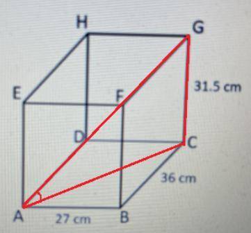 Here is a cuboid.

H Н.
G
31.5 cm
E
F
с
36 cm
А
27 cm
B
Calculate the size of angle CAG.