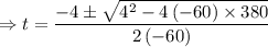 \Rightarrow t=\dfrac{-4\pm \sqrt{4^2-4\left(-60\right)\times 380}}{2\left(-60\right)}