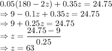 0.05(180-2z)+0.35z=24.75\\\Rightarrow 9-0.1z+0.35z=24.75\\\Rightarrow 9+0.25z=24.75\\\Rightarrow z=\dfrac{24.75-9}{0.25}\\\Rightarrow z=63