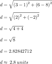 d =  \sqrt{ {(3 - 1)}^{2}  +  {(6 - 8)}^{2} }  \\  \\ d =  \sqrt{ {(2)}^{2}  +  {( - 2)}^{2} }  \\  \\ d =  \sqrt{4 + 4} \\  \\ d =  \sqrt{8}  \\  \\ d = 2.82842712 \\  \\ d  \approx \: 2.8 \: units