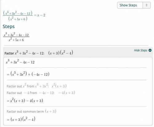 What is the quotient of (x3 +3×^2-4x-12) ÷ (x^2 + 5x +6)