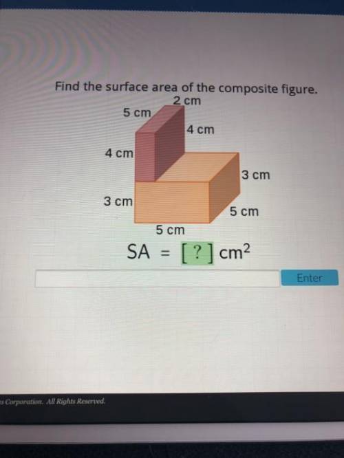 16 OT 26

Find the surface area of the composite figure.
2 cm
5 cm
4 cm
4 cm
3 cm
3 cm
5 cm
5 cm
SA