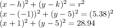 (x-h)^2+(y-k)^2=r^2\\(x-(-1))^2+(y-5)^2=(5.38)^2\\(x+1)^2+(y-5)^2=28.94