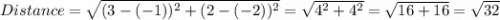 Distance=\sqrt{(3-(-1))^2+(2-(-2))^2}=\sqrt{4^2+4^2}=\sqrt{16+16}=\sqrt{32}