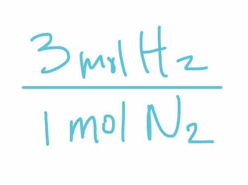 What is the mole ratio of hydrogen to nitrogen in the following reaction: N2(g) + 3H2(g) →

2NH3(8)