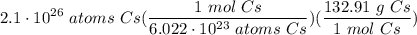 \displaystyle 2.1 \cdot 10^{26} \ atoms \ Cs(\frac{1 \ mol \ Cs}{6.022 \cdot 10^{23} \ atoms \ Cs})(\frac{132.91 \ g \ Cs}{1 \ mol \ Cs})