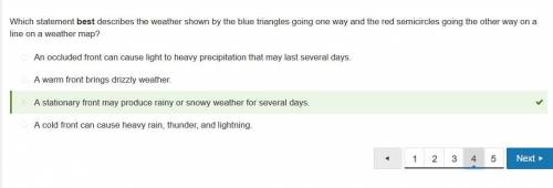 Which statement best describes the weather shown by the blue triangles going one way and the red sem