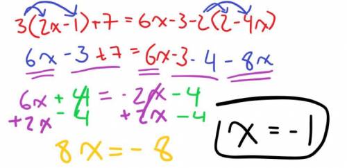 Whats 3(2x-1)+7=6x-3-2(2-4x)