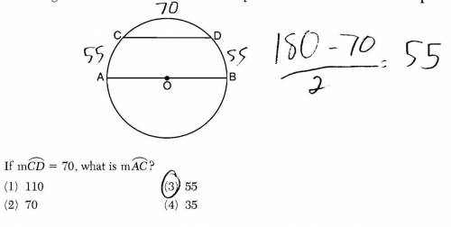 In the diagram below of circle , diameter AB is parallel to chord CD. A. 110° B. 70° D C. 55° h D. 3
